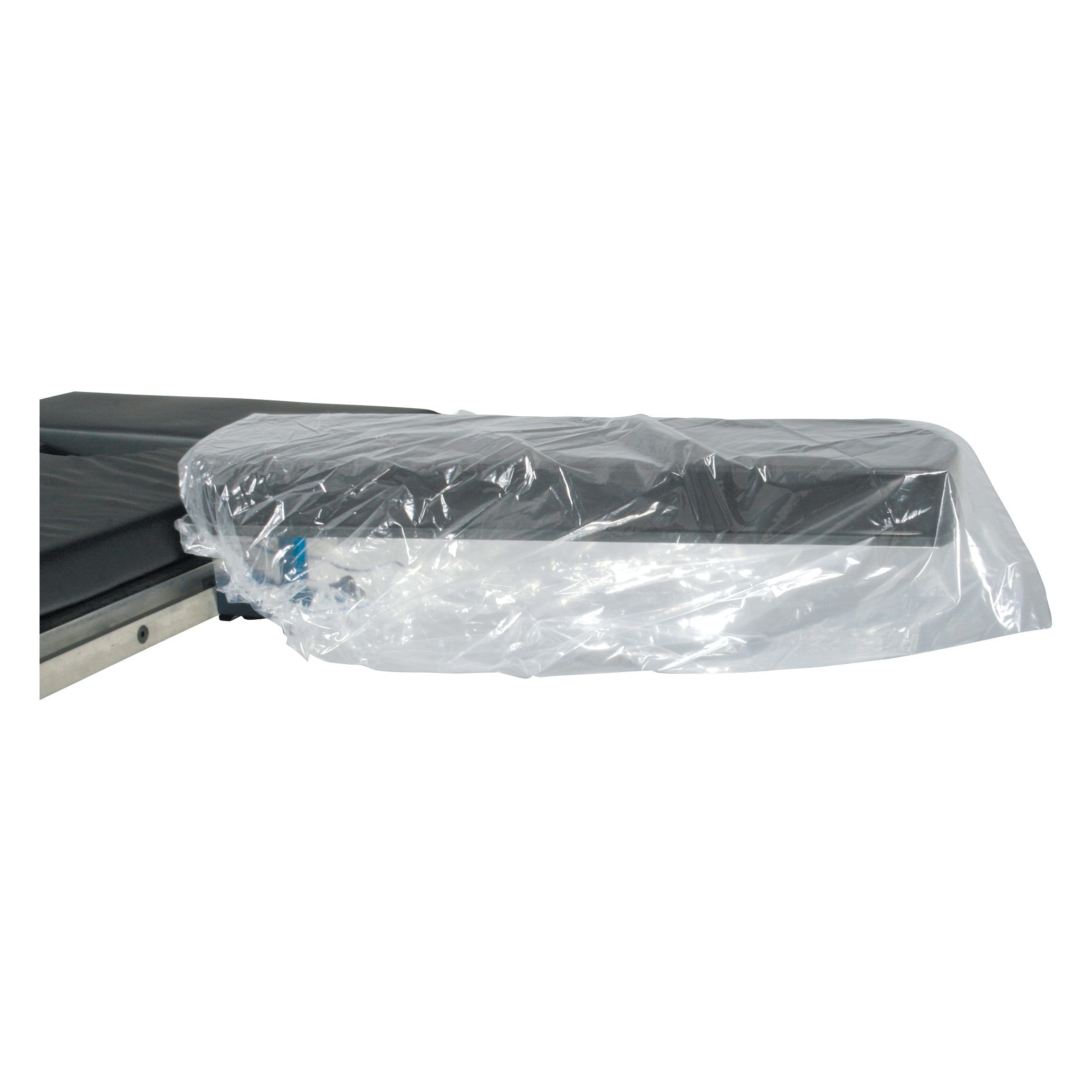 AliMed AliBag plastic armboard cover on a black padded armboard, partially extended from a table with a metal frame.