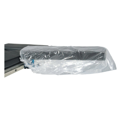 AliMed AliBag plastic armboard cover on a black padded armboard, partially extended from a table with a metal frame.