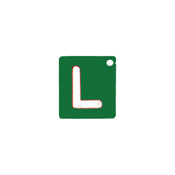 Green Polycarbonate Left or Right X-Ray Marker with a large white 'L' and a hole in the top right corner for attachment.