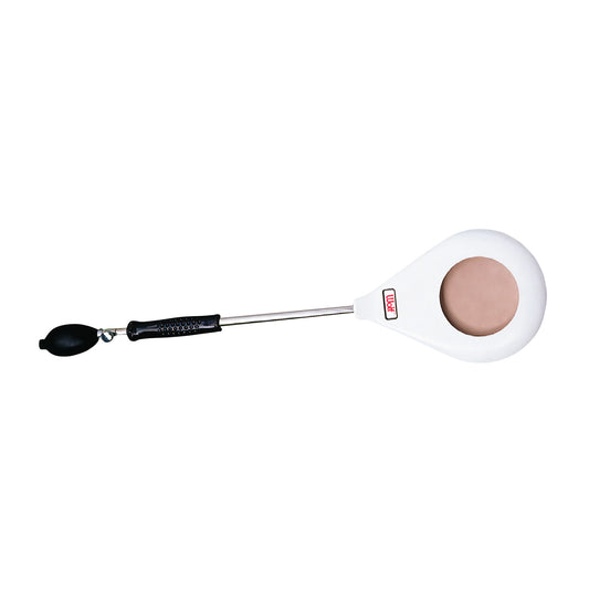 Wolf Pneumatic Compression Paddle featuring a white paddle with a tan center, a metal handle, and a black air pump attachment.
