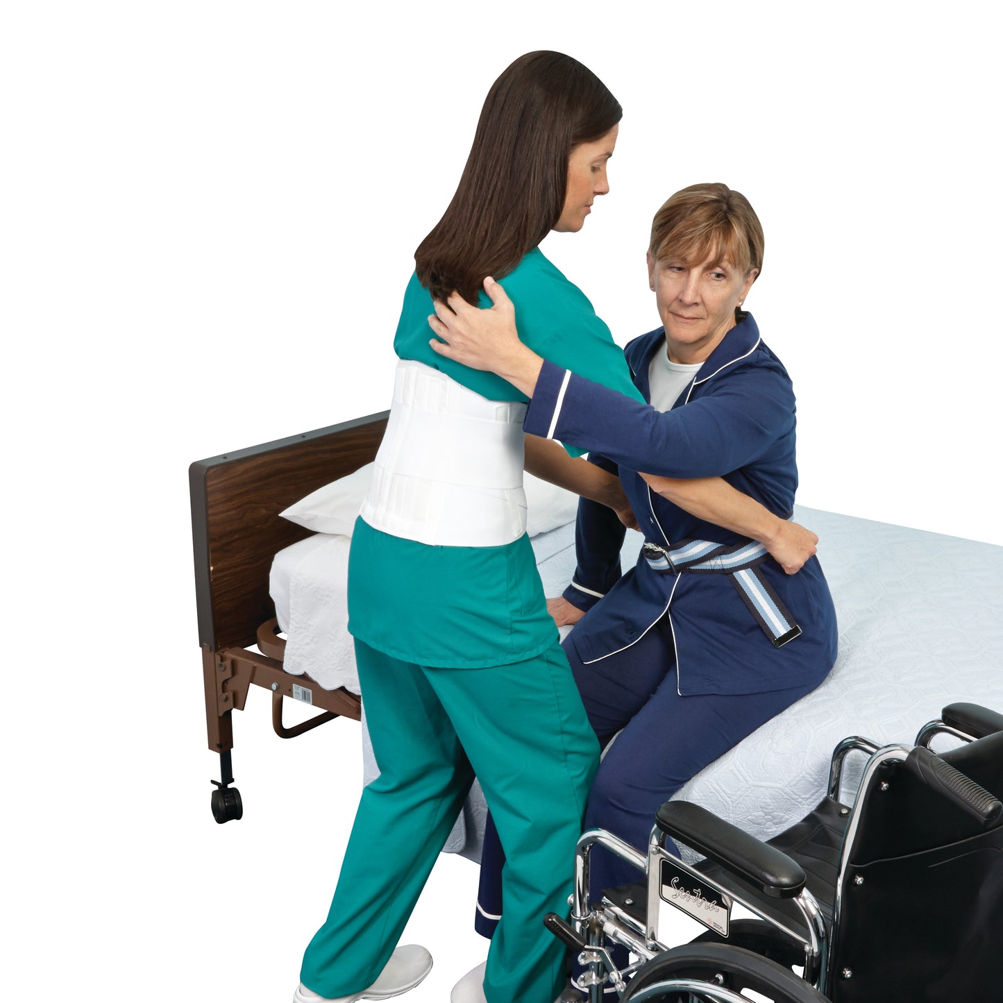 A caregiver assists a patient in a blue robe from bed to wheelchair using an AliMed Antimicrobial-Treated Gait Belt for support.