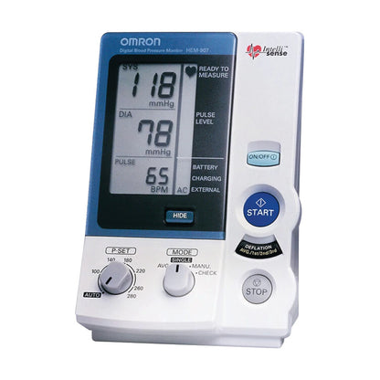 An Omron Professional Intellisense Blood Pressure Monitor HEM-907XL with a digital display and control buttons.