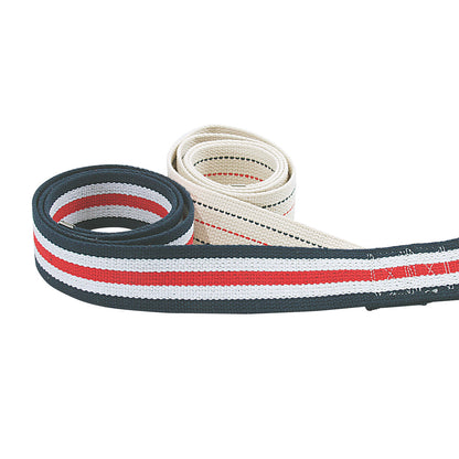 Two AliMed Gait Belts are shown, one with red, white, and blue stripes, and one in beige with black and red stitching.