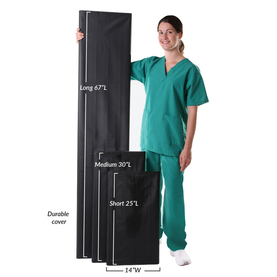 A person in green scrubs stands beside three AliMed Patient Roller sizes labeled Long 67"L, Medium 30"L, Short 25"L, each 14"W.
