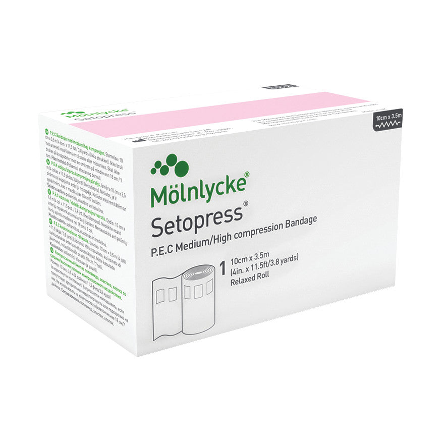 Box of Molnlycke Setopress Compression Bandage, 10cm x 3.5m, labeled for medium/high compression. It has product details printed.