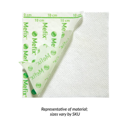 Molnlycke Mefix Dressing, shown with a corner peeled back. It's white with a green grid and logo. Sizes vary by SKU.