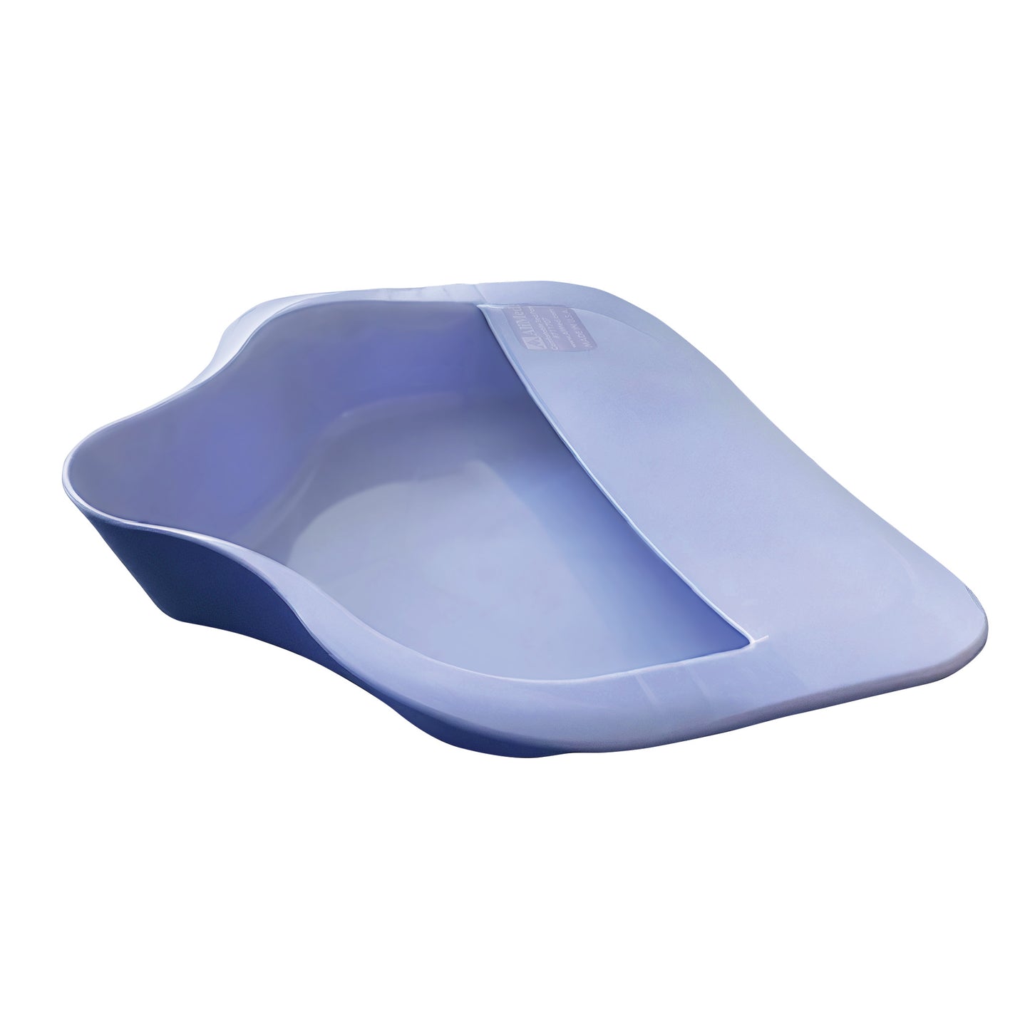 The AliMed Comfortable Bed Pan, a light blue, smooth, ergonomic plastic pan designed for patient comfort.