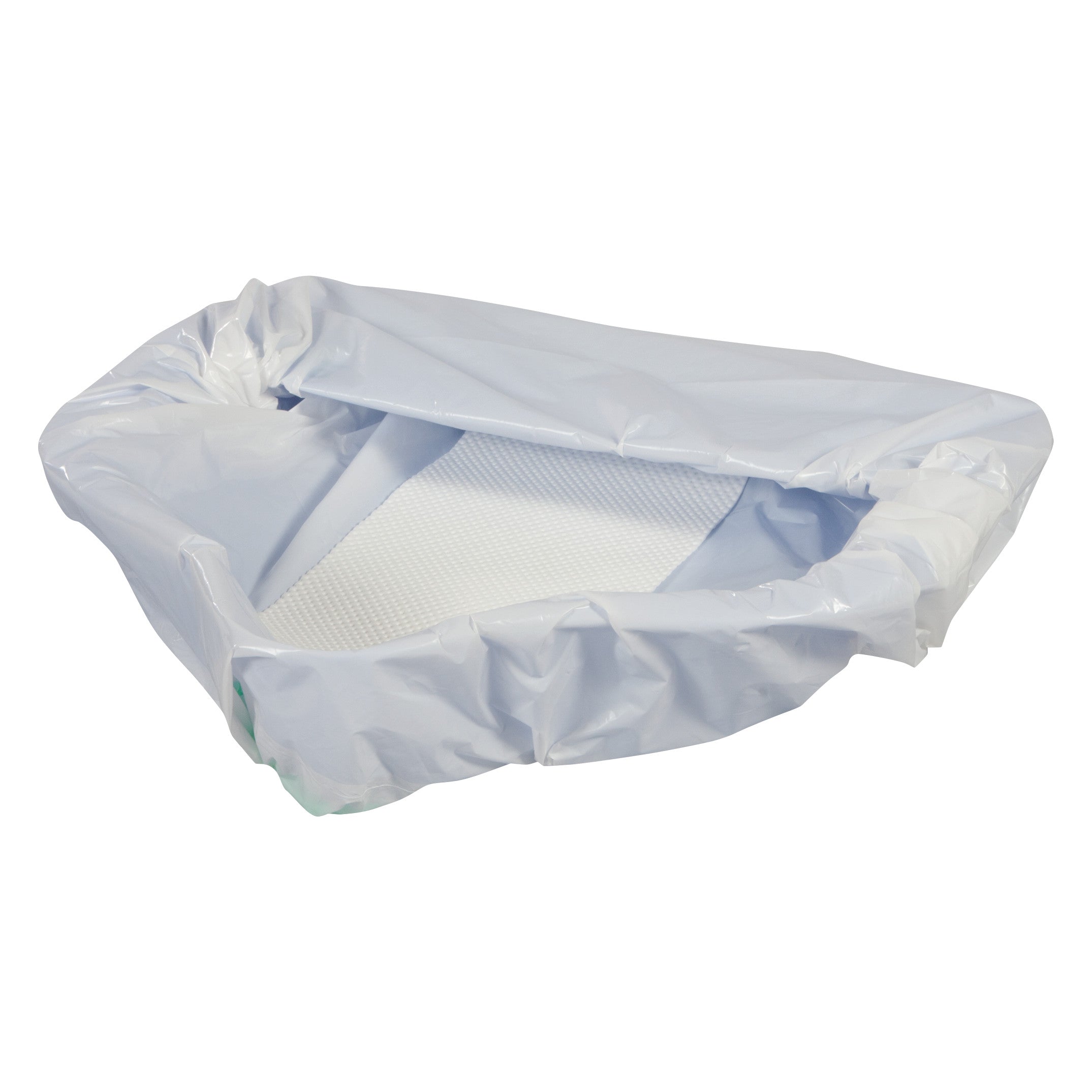 The AliMed Comfortable Bed Pan, which is covered with a smooth, light-colored disposable liner.