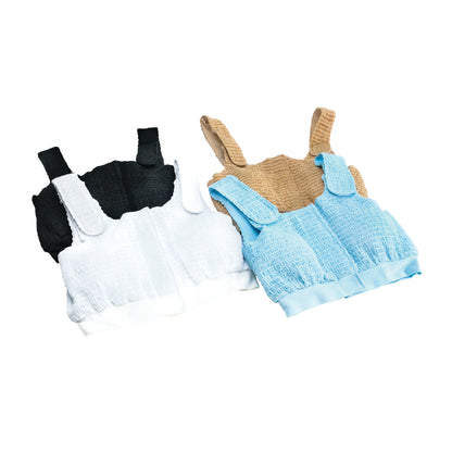 Three Expand-A-Band Compression Bras in black, white, and beige-blue, featuring a textured fabric and wide straps.