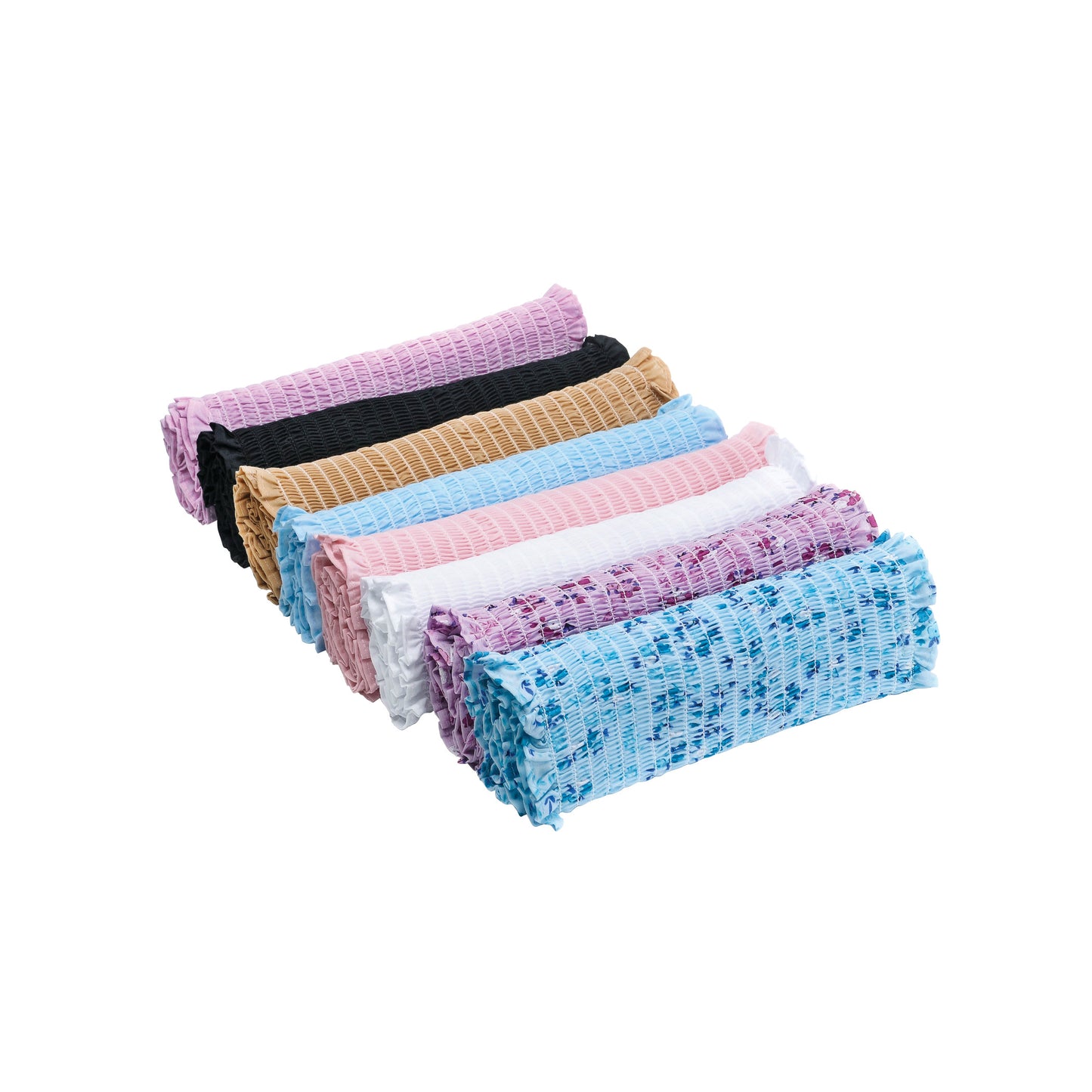 Rolled Expand-A-Band Lined Breast Binders in pink, black, beige, blue, and white are lined up on a white background.