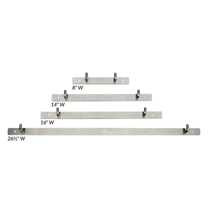 AliMed Stainless Steel Patient Shifter Hanger, shown in four sizes (8", 14", 16", 26.5"), with hooks for hanging.