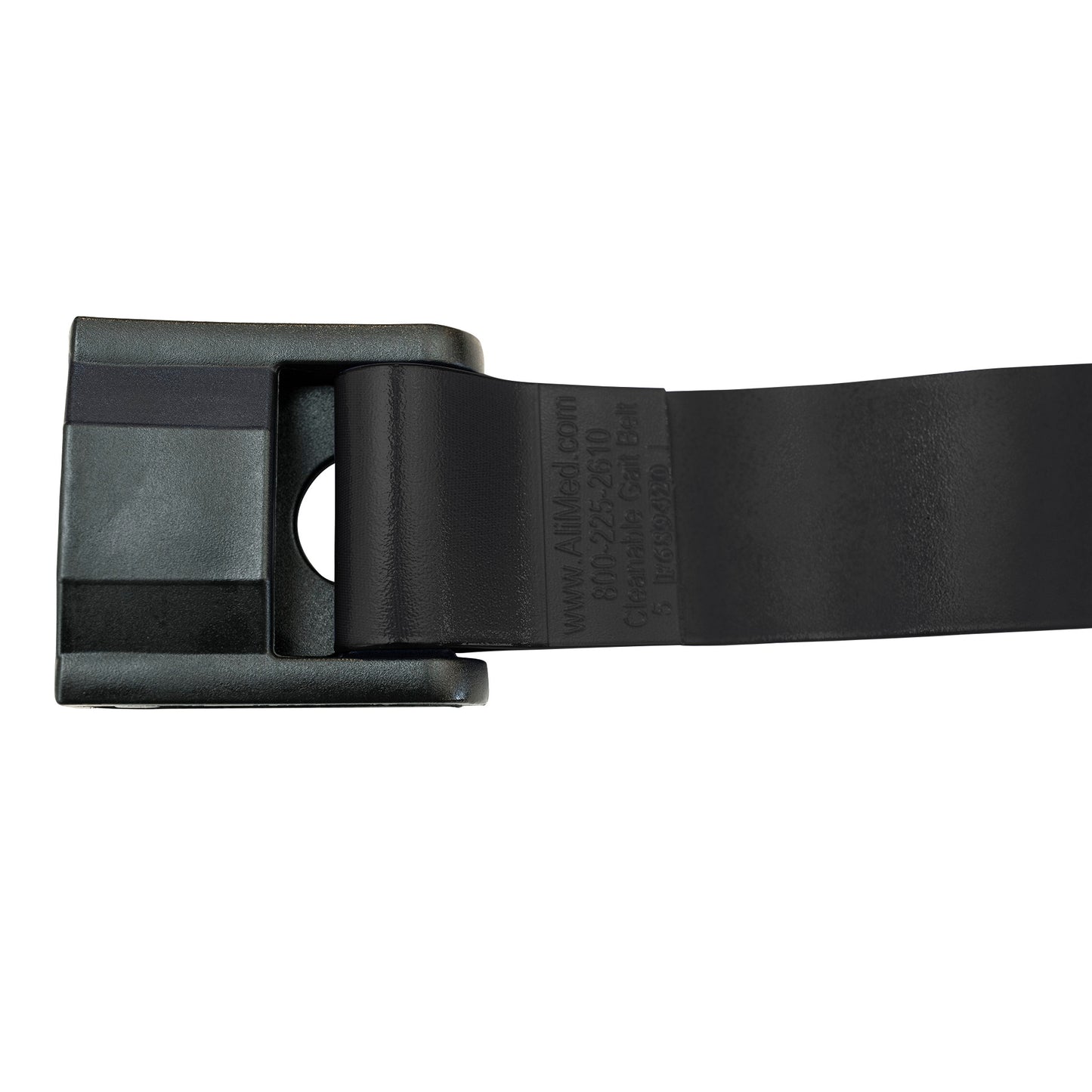 Black AliMed Antimicrobial Wipeable Gait Belt with CAM-Style Buckle, featuring embossed text on the belt.