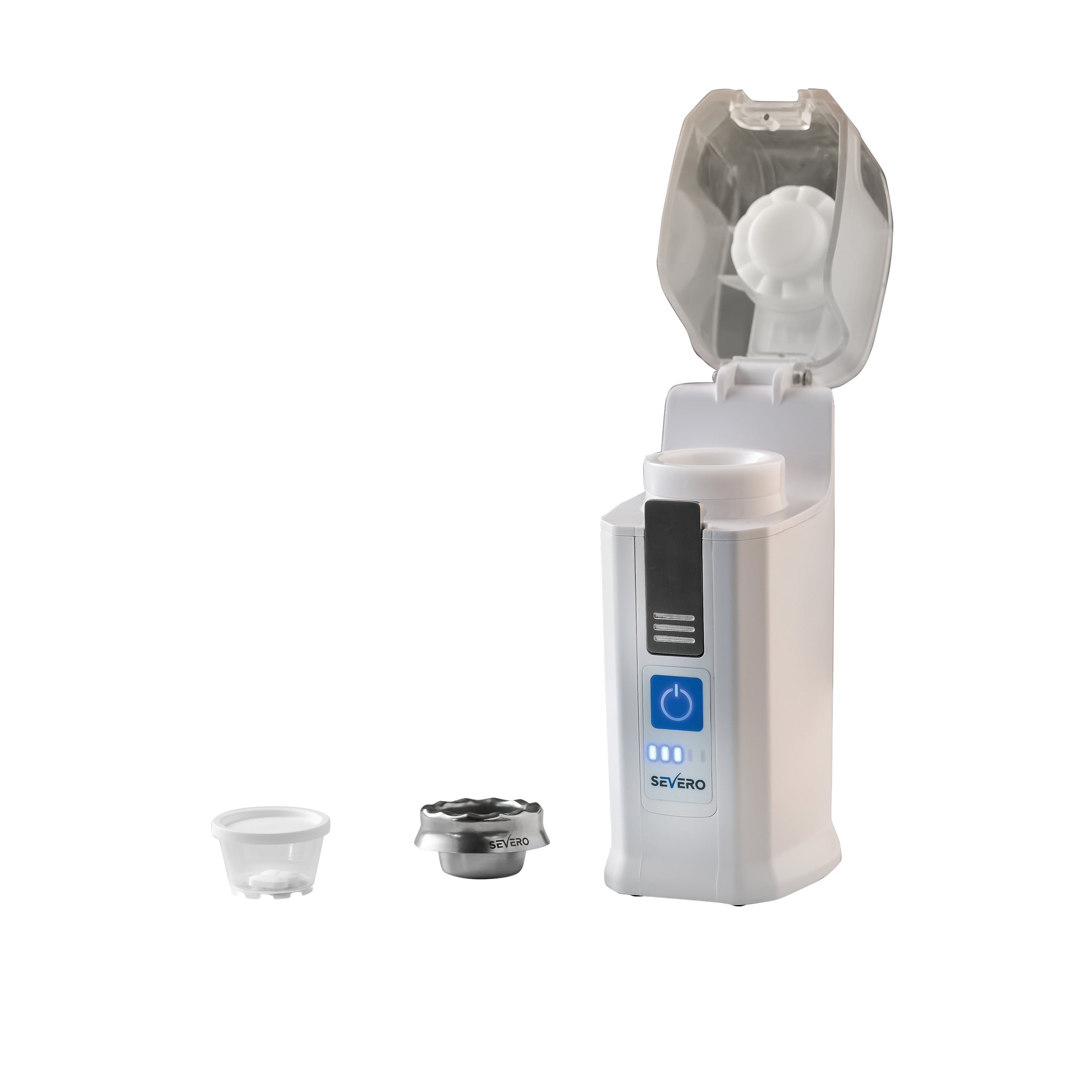 Severo Electric Pill Grinder with an open lid is displayed, accompanied by two accessory components on a white background.