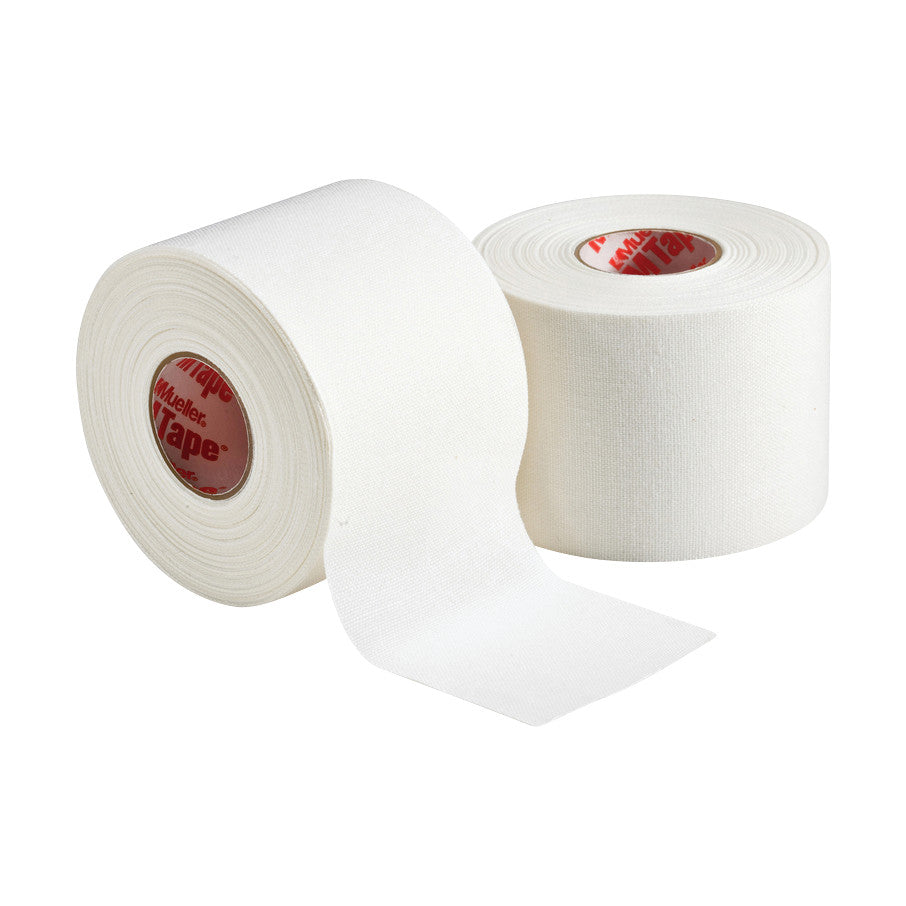 Two rolls of Mueller MTape Athletic Tape are shown. One roll is partially unrolled, displaying its white surface.