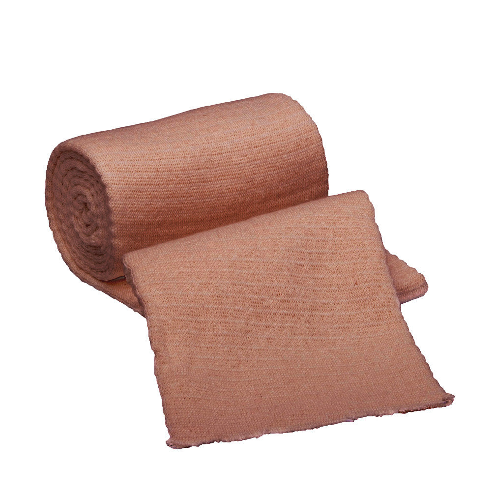Molnlycke Tubigrip Bandage, a rolled elasticated support bandage in a skin-tone, partially unrolled, shown on a white background.