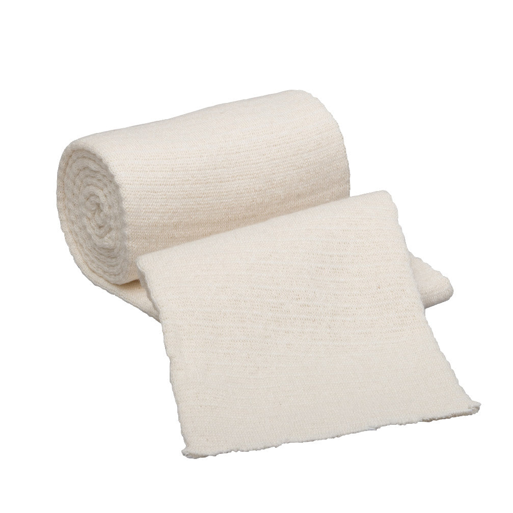 Molnlycke Tubigrip Bandage in a rolled form, partially unrolled to display its textured, cream-colored material.