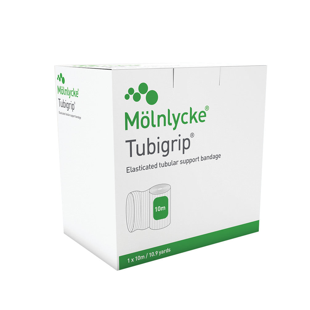 Box of Molnlycke Tubigrip Bandage, featuring an elasticated tubular support bandage with a length of 10 meters or 10.9 yards.
