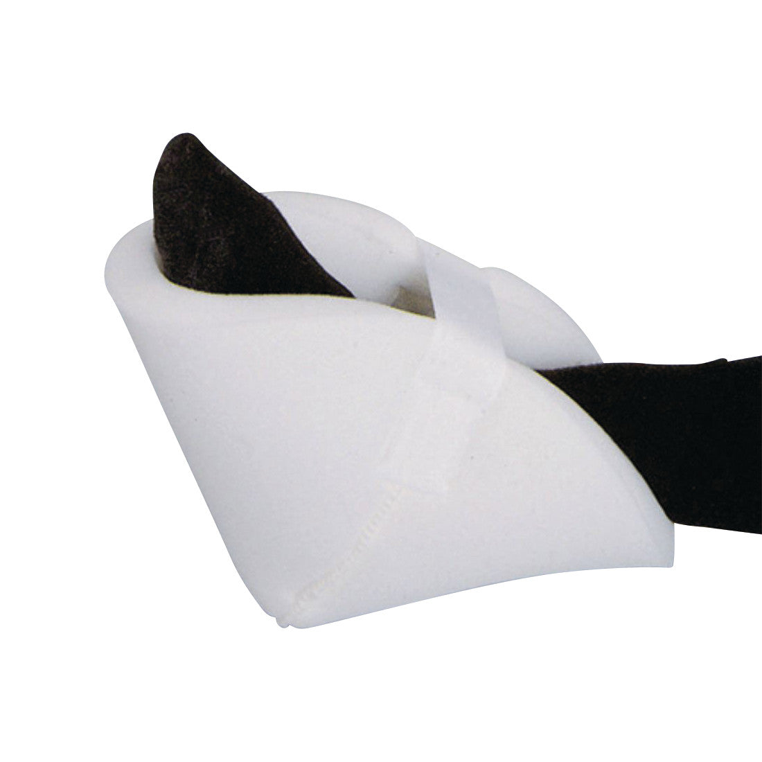 A foot wearing a SkiL-Care Convoluted Foam Econo Heel Protector, secured with a white strap, against a plain background.