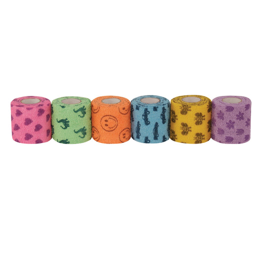 Six rolls of CoFlex NL Flexible Cohesive Bandage in various colors and patterns, including hearts, dinosaurs, and smiley faces.