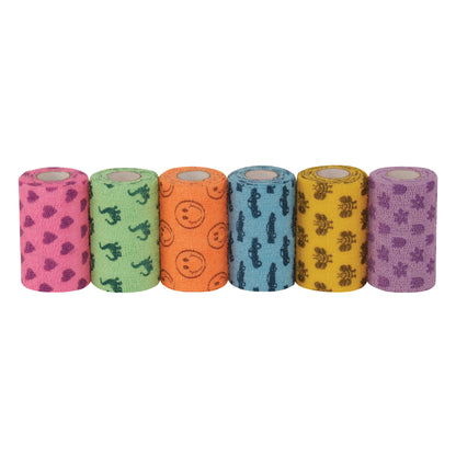 CoFlex NL Flexible Cohesive Bandage rolls in pink, green, orange, blue, yellow, and purple, each with different printed designs.