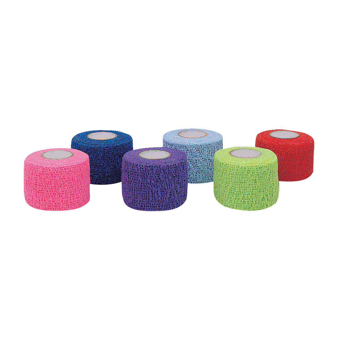 Six rolls of CoFlex Flexible Cohesive Bandage in red, green, purple, pink, dark blue, and light blue are displayed.