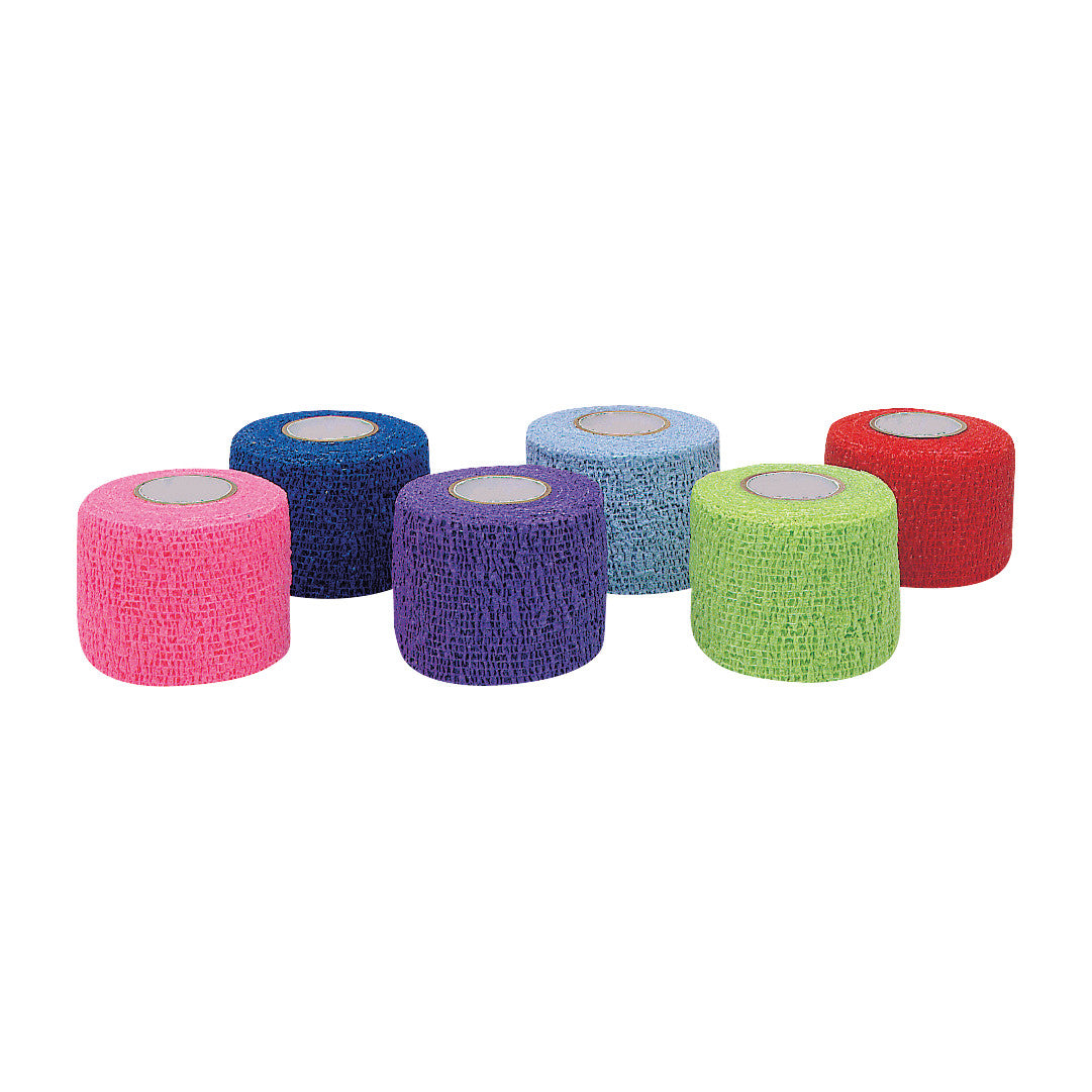Six rolls of CoFlex NL Flexible Cohesive Bandage in pink, blue, purple, light blue, green, and red are displayed.