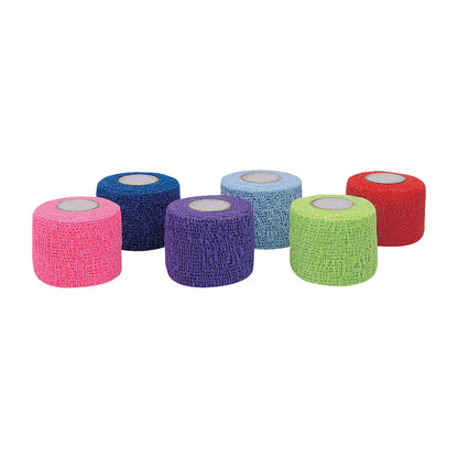 Six rolls of CoFlex NL Flexible Cohesive Bandage in pink, blue, purple, light blue, green, and red are displayed.