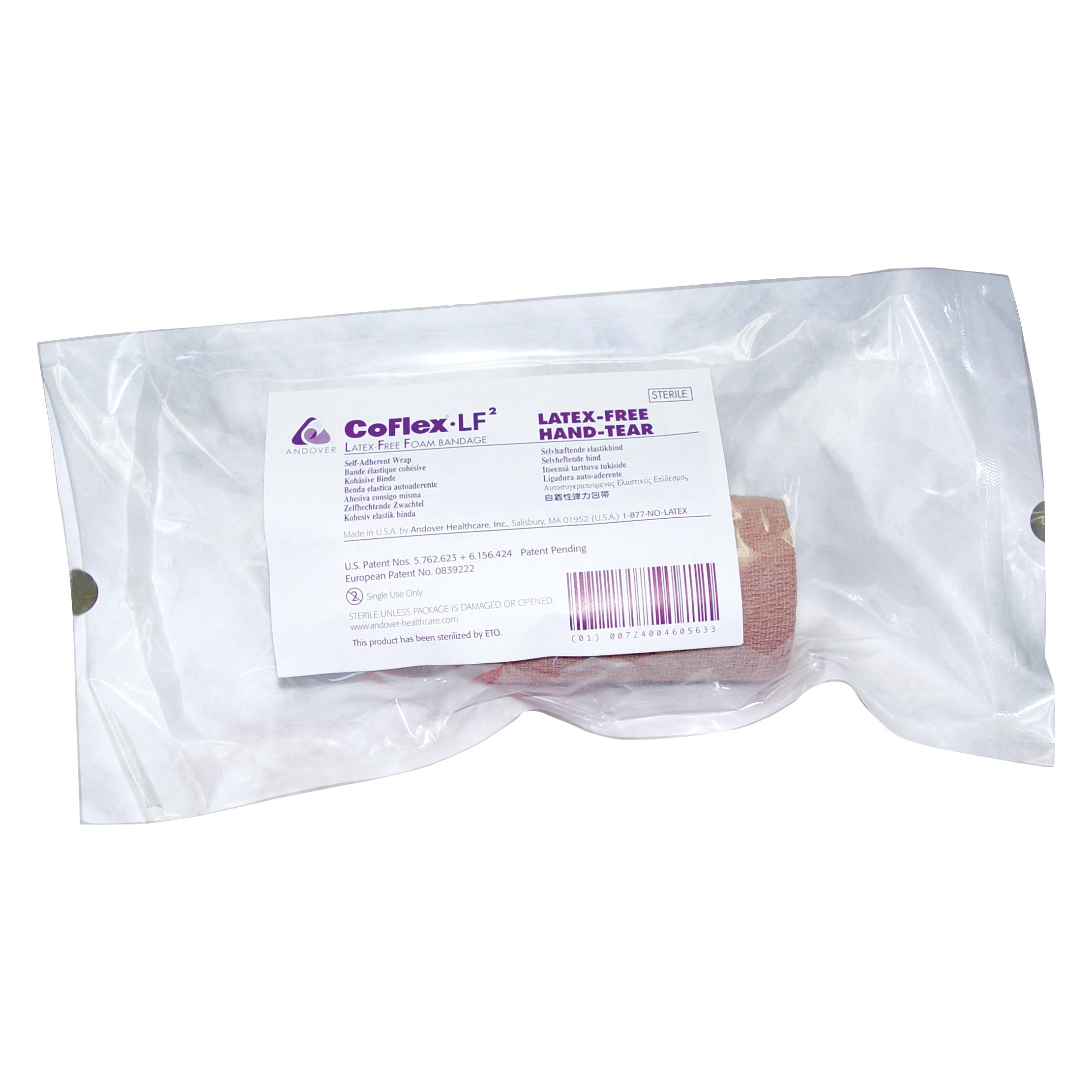 Sterile CoFlex LF2 Flexible Cohesive Bandage in a clear package, labeled as latex-free and hand-tear, from Andover Healthcare.