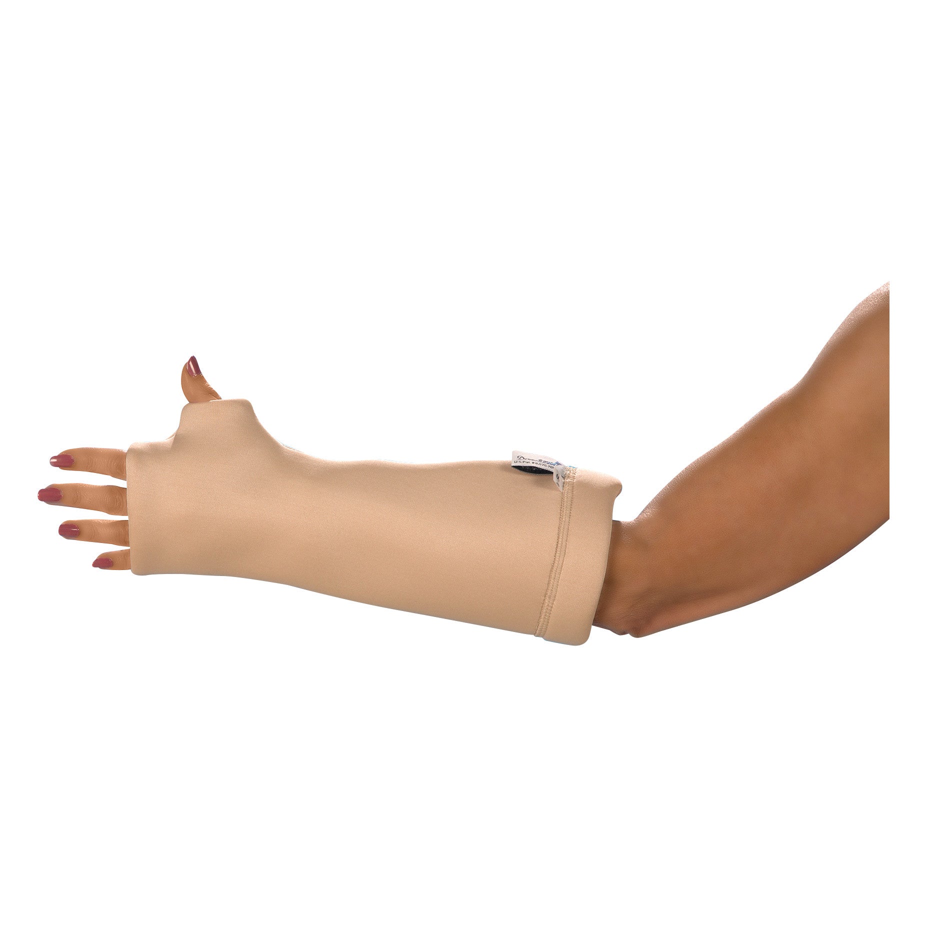 A forearm wearing the DermaSaver Forearm Tube with Knuckle Protector, in beige, covering from the knuckles to the mid-forearm.