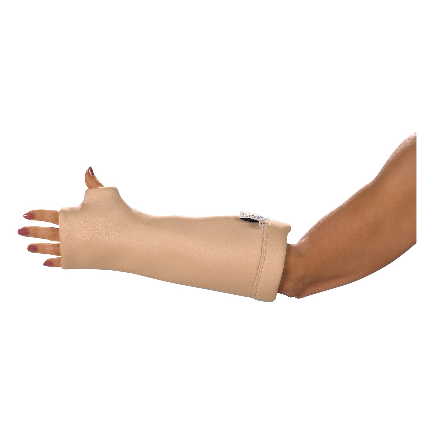 A forearm wearing the DermaSaver Forearm Tube with Knuckle Protector, in beige, covering from the knuckles to the mid-forearm.