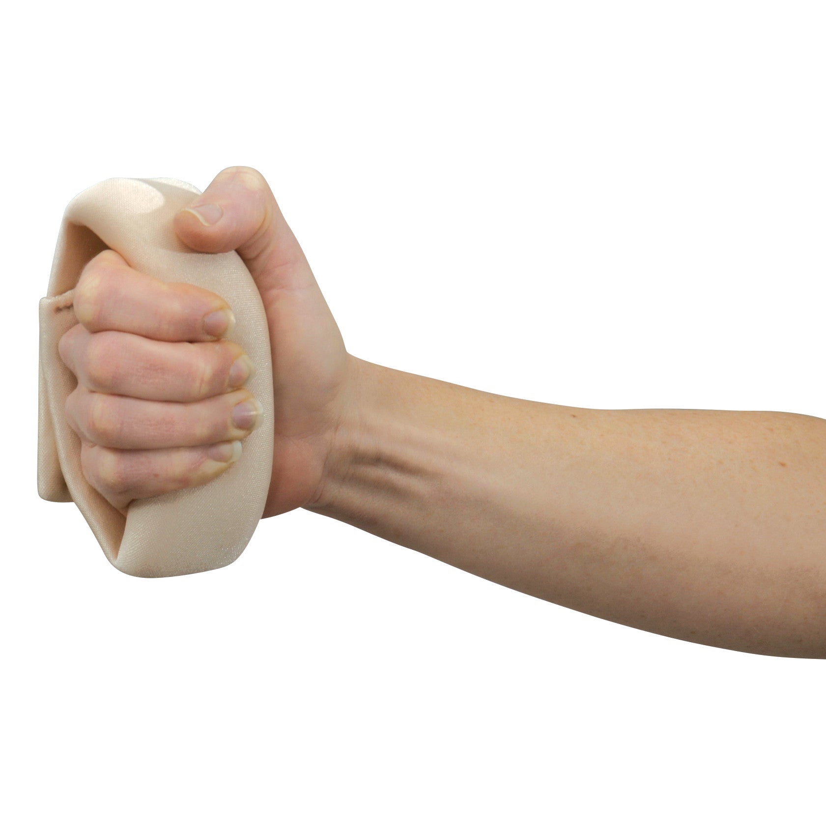 A hand gripping the DermaSaver Palm Pillow, a soft, beige cushion designed for comfort and support.