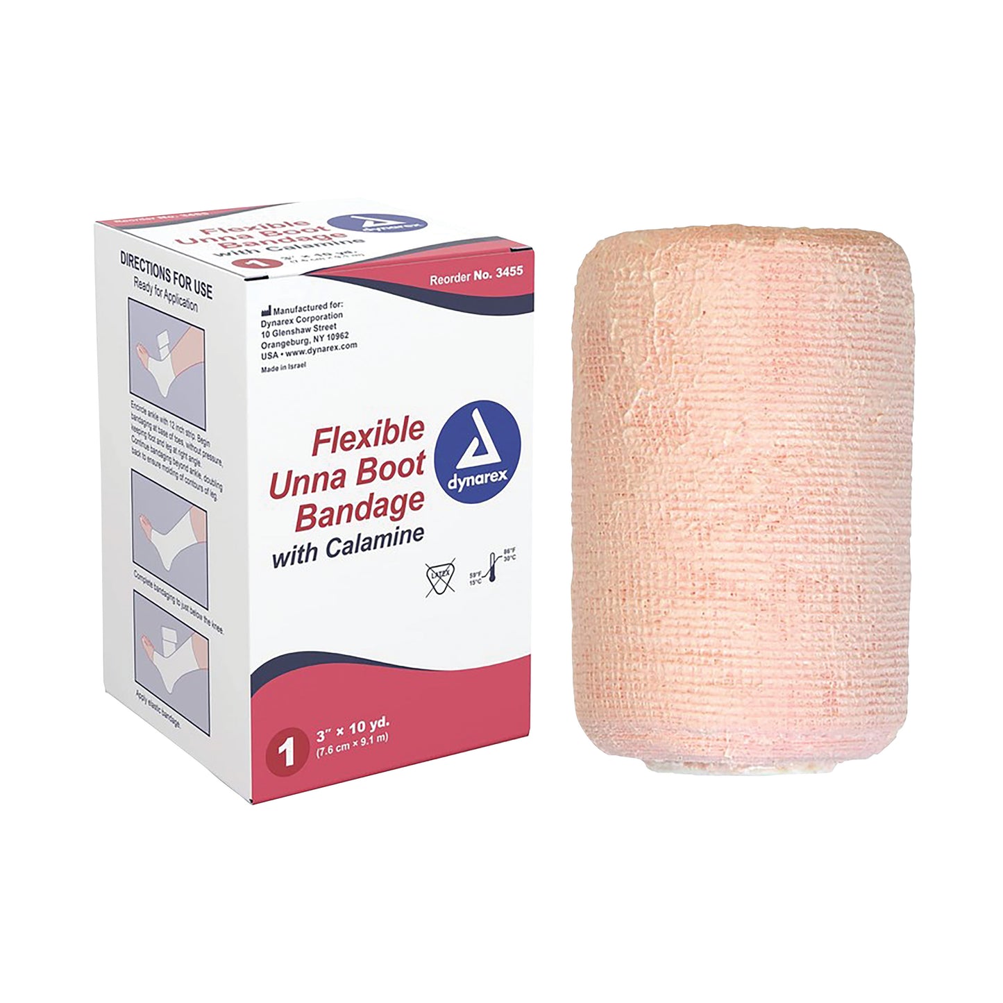 Box and roll of Dynarex Unna Boot Bandage with Calamine, showing product details and illustration of application instructions.