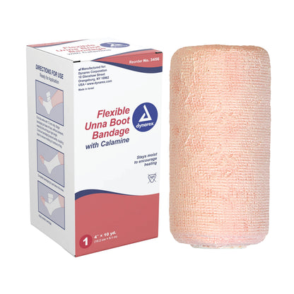Dynarex Unna Boot Bandage with Calamine shown beside its box, featuring moisture retention for healing, size 4\" x 10 yd.