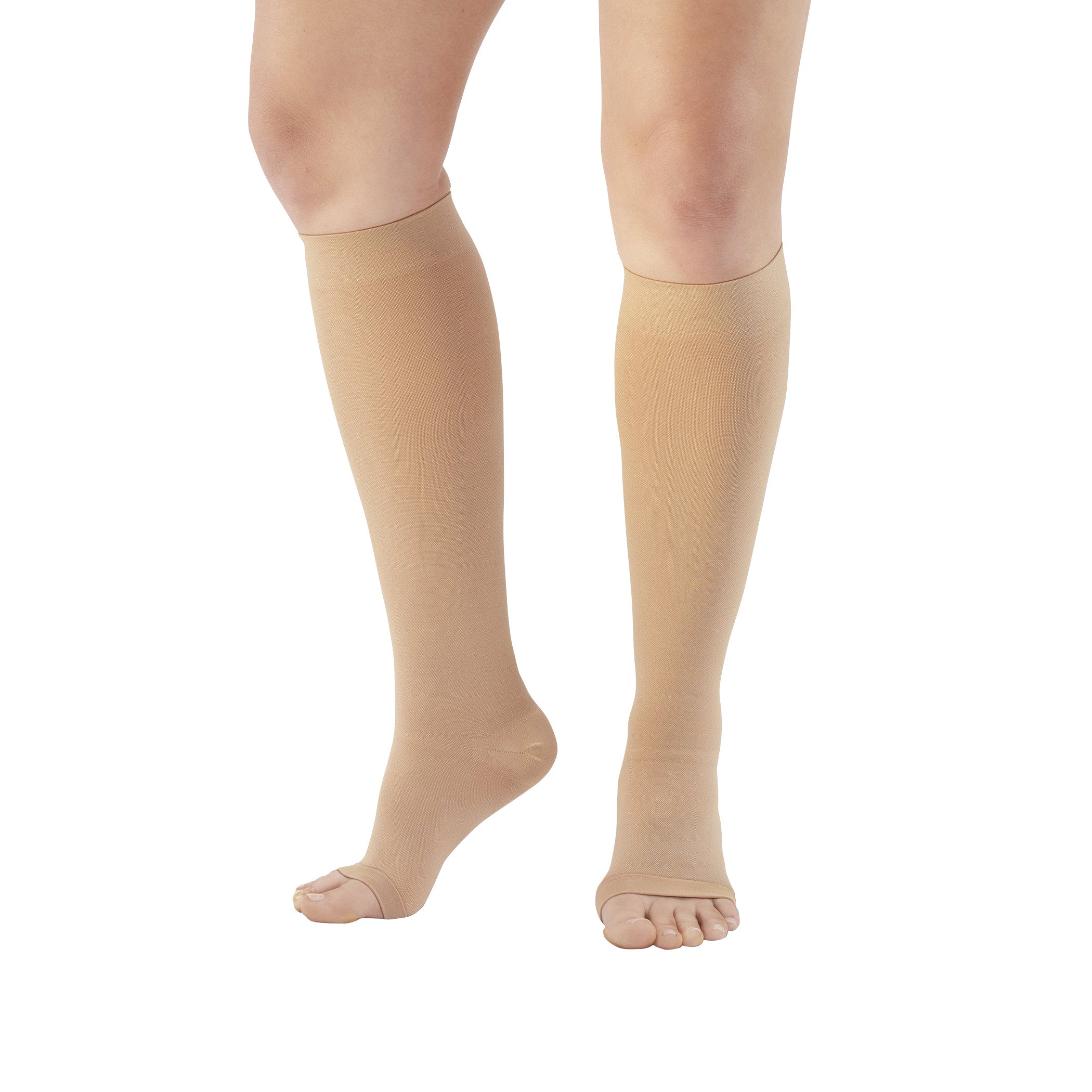 Person wearing Ames Walker open toe knee-length medical support stockings in beige, showcasing the fit and open toe design.