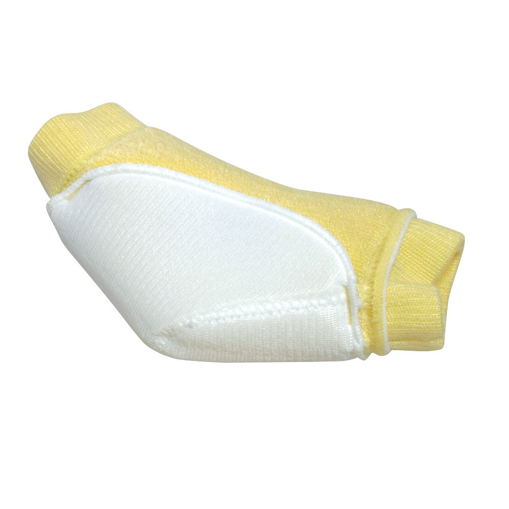 Heelbo Heel/Elbow Protector in yellow and white fabric, designed for cushioning and protecting heels or elbows.