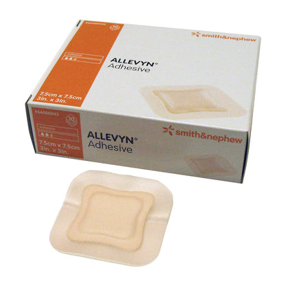 Box and dressing of Smith & Nephew Allevyn Adhesive Hydrocellular Dressing, size 7.5cm x 7.5cm, with orange and white packaging.