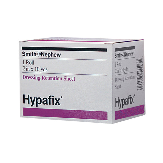 A box of Hypafix Dressing Retention Rolls, with 1 roll measuring 2 inches by 10 yards, labeled "Dressing Retention Sheet."