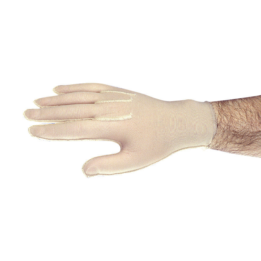 A Bio-Form Pressure Glove is worn on a hand, showcasing its snug fit and skin-tone color against a white background.