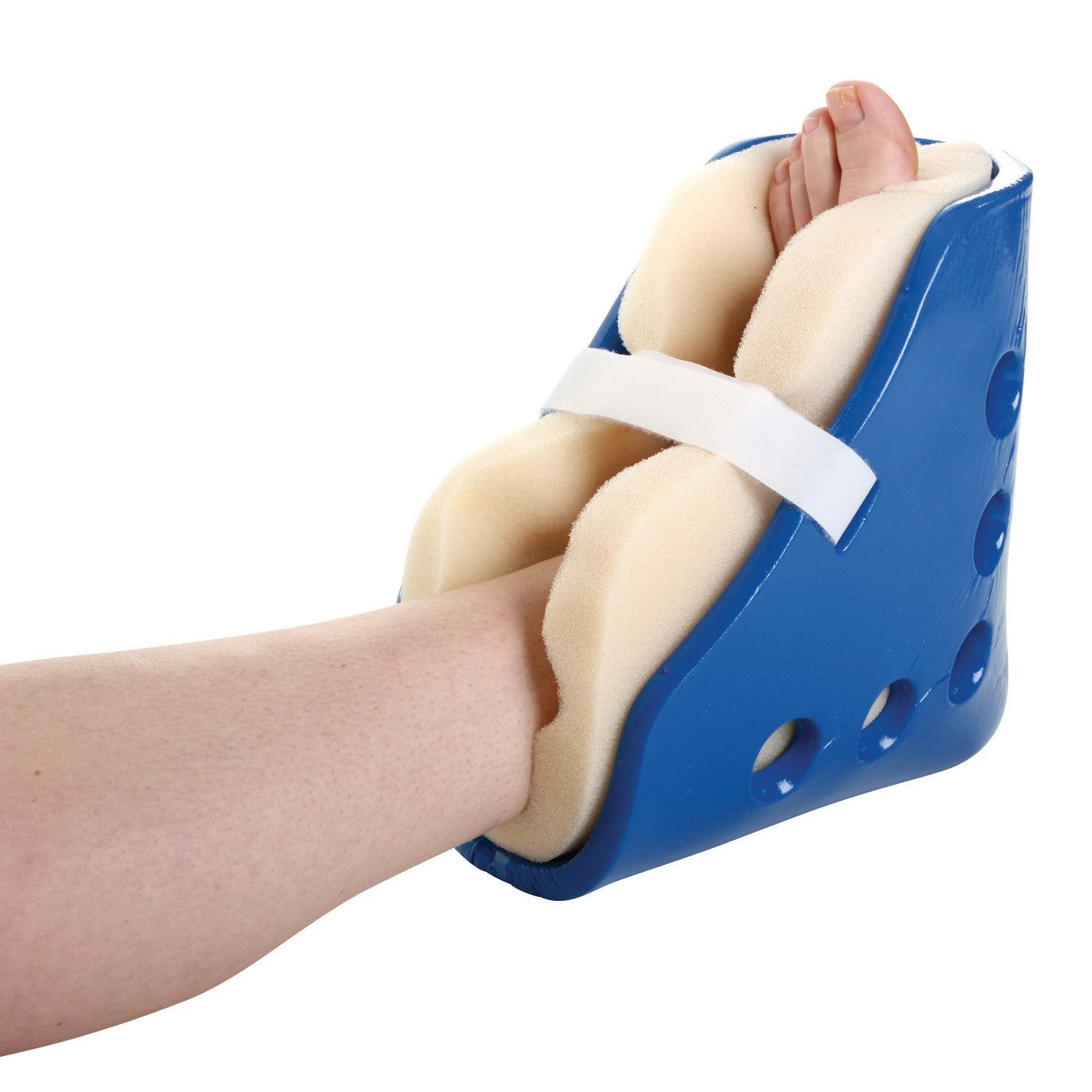 A foot is placed inside an AliMed Heel Boot and Foam Protector. The boot is blue with beige foam lining and a white strap.