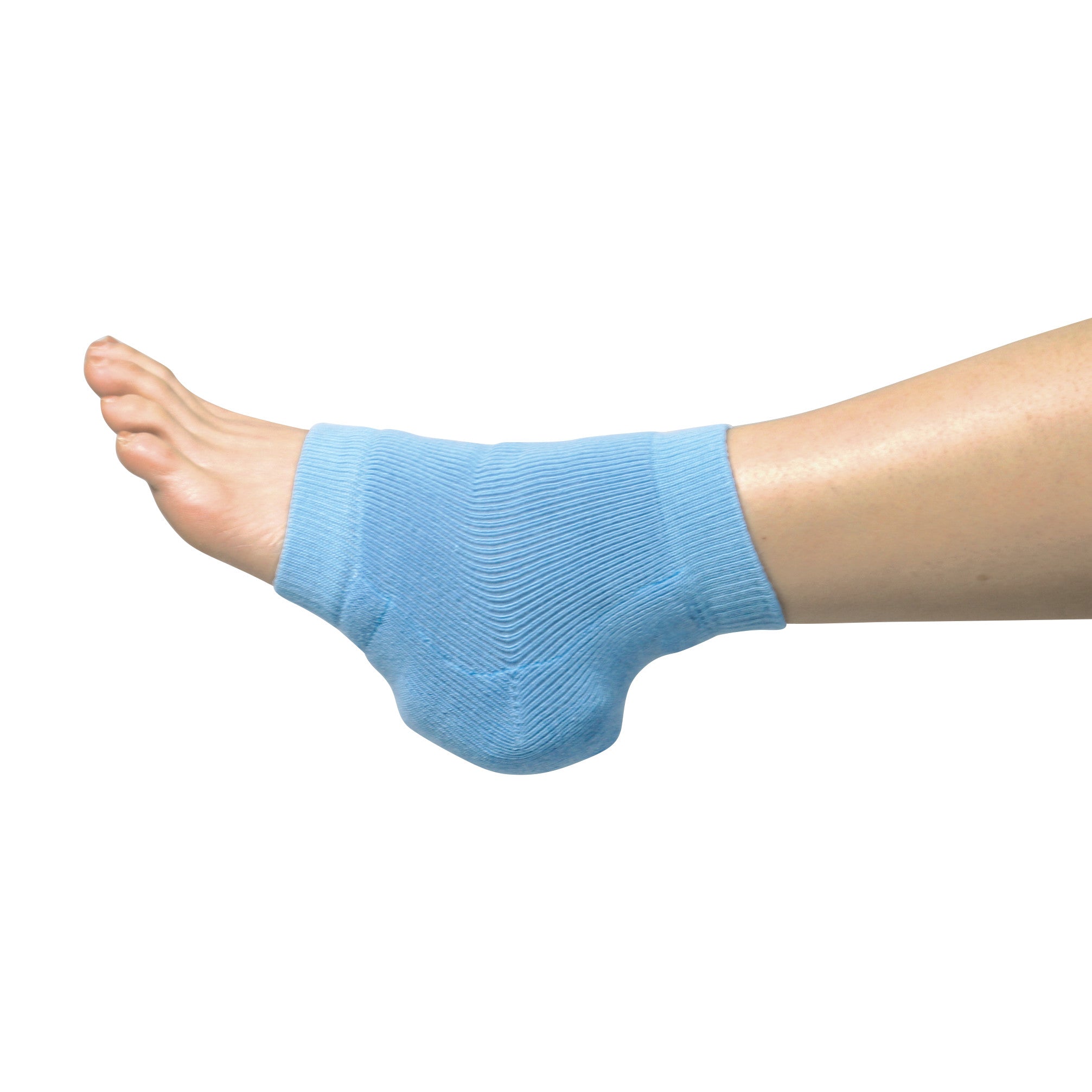 A person's foot wearing a Heelbo Heel/Elbow Protector in blue, covering the heel and ankle, against a white background.