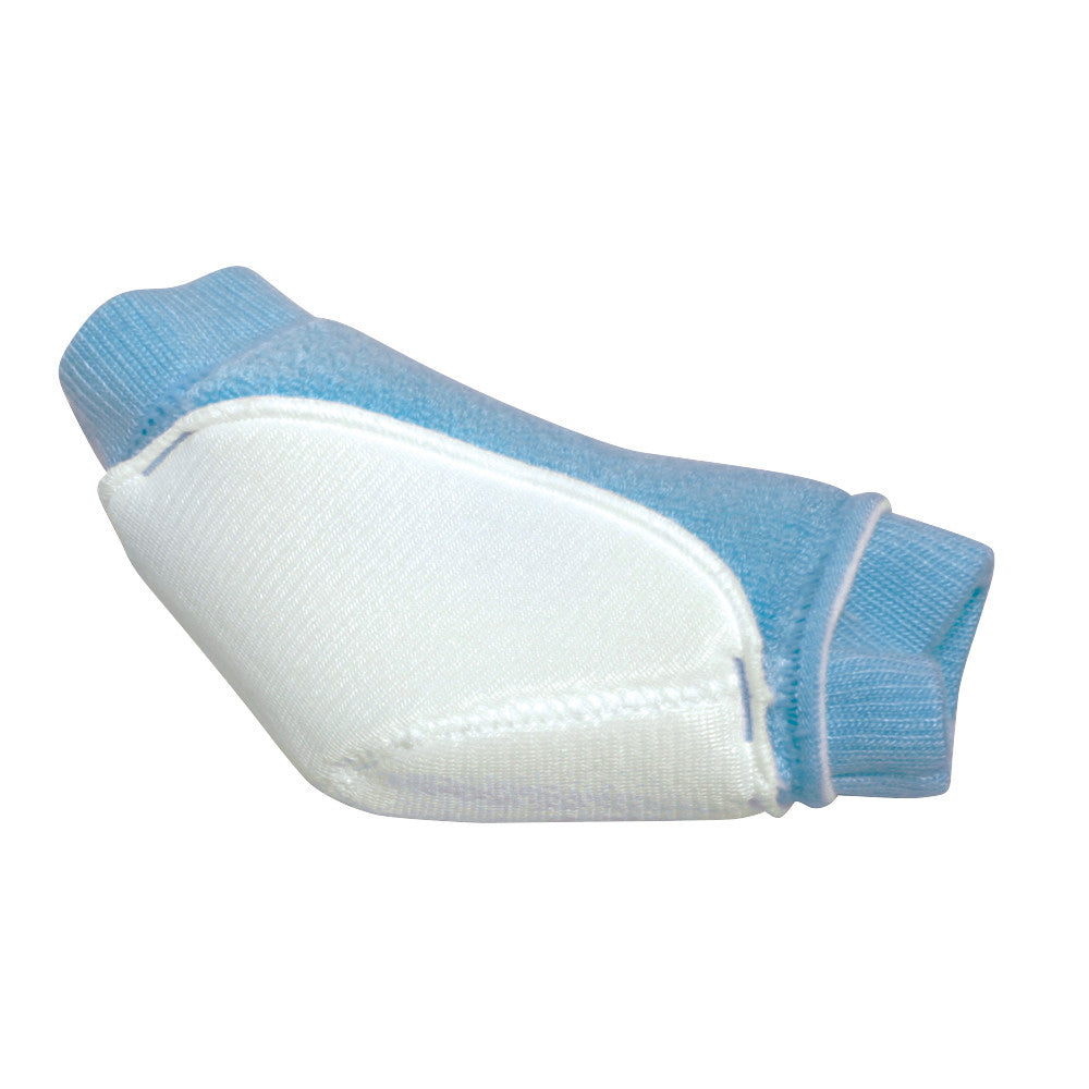 A Heelbo Heel/Elbow Protector with a soft blue and white fabric design intended for cushioning and support.
