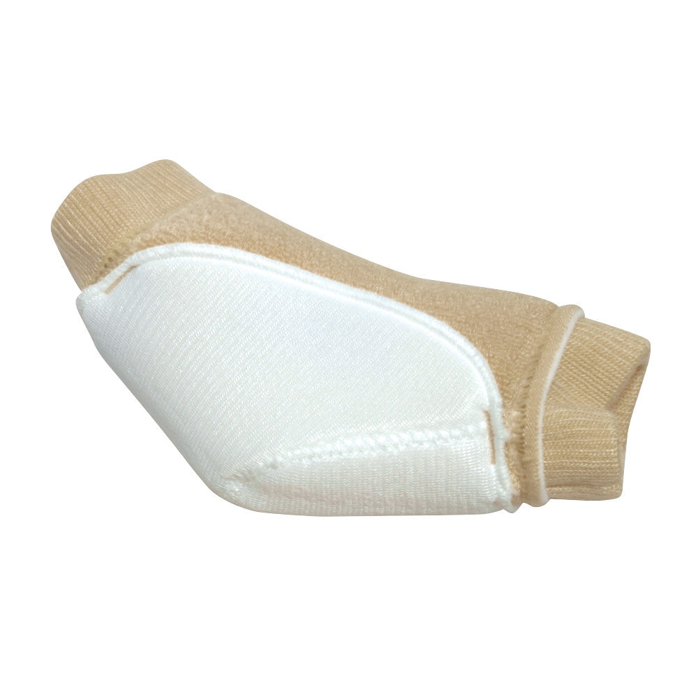 The Heelbo Heel/Elbow Protector is shown in beige and white, designed to provide cushioning and protection for heels or elbows.