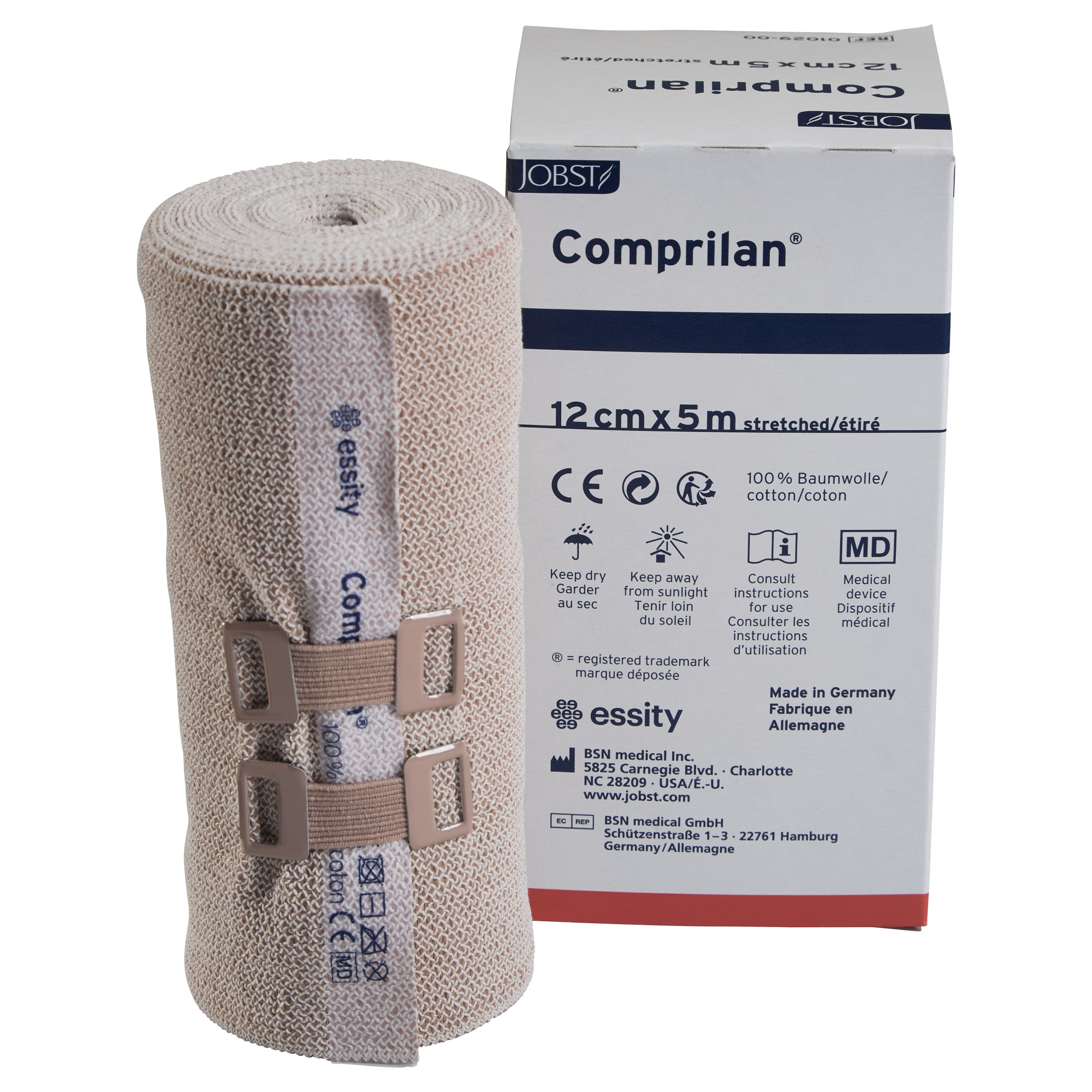 BSN Comprilan Bandage, 12cm x 5m, is shown with its packaging. The bandage is rolled and secured with beige clips.