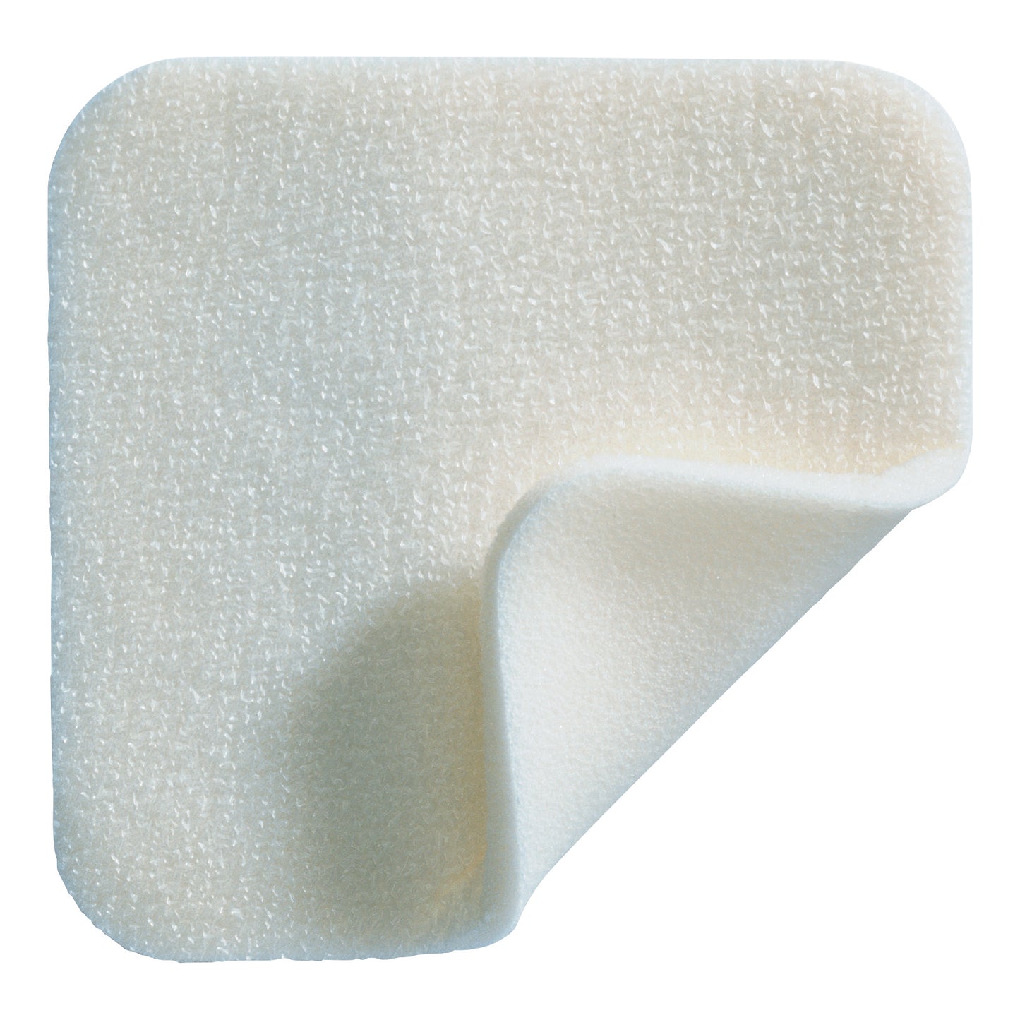 Molnlycke Mepilex Soft Silicone Absorbent Foam Dressing with a raised corner, showing its textured surface and layered design.