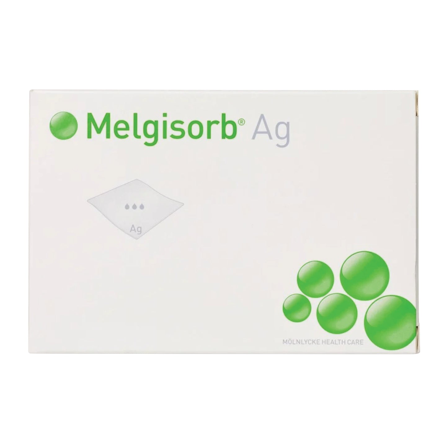 Packaging for Molnlycke Melgisorb Calcium Alginate Dressing with green spheres and product information on a white background.