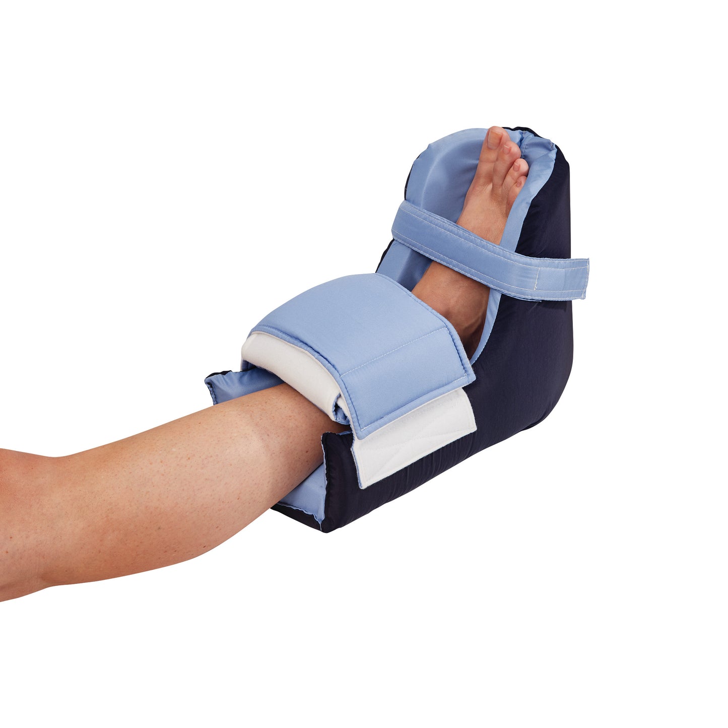 A leg rests in the AliMed Heel-Up Foot Positioner, featuring cushioned support and straps for secure foot alignment.