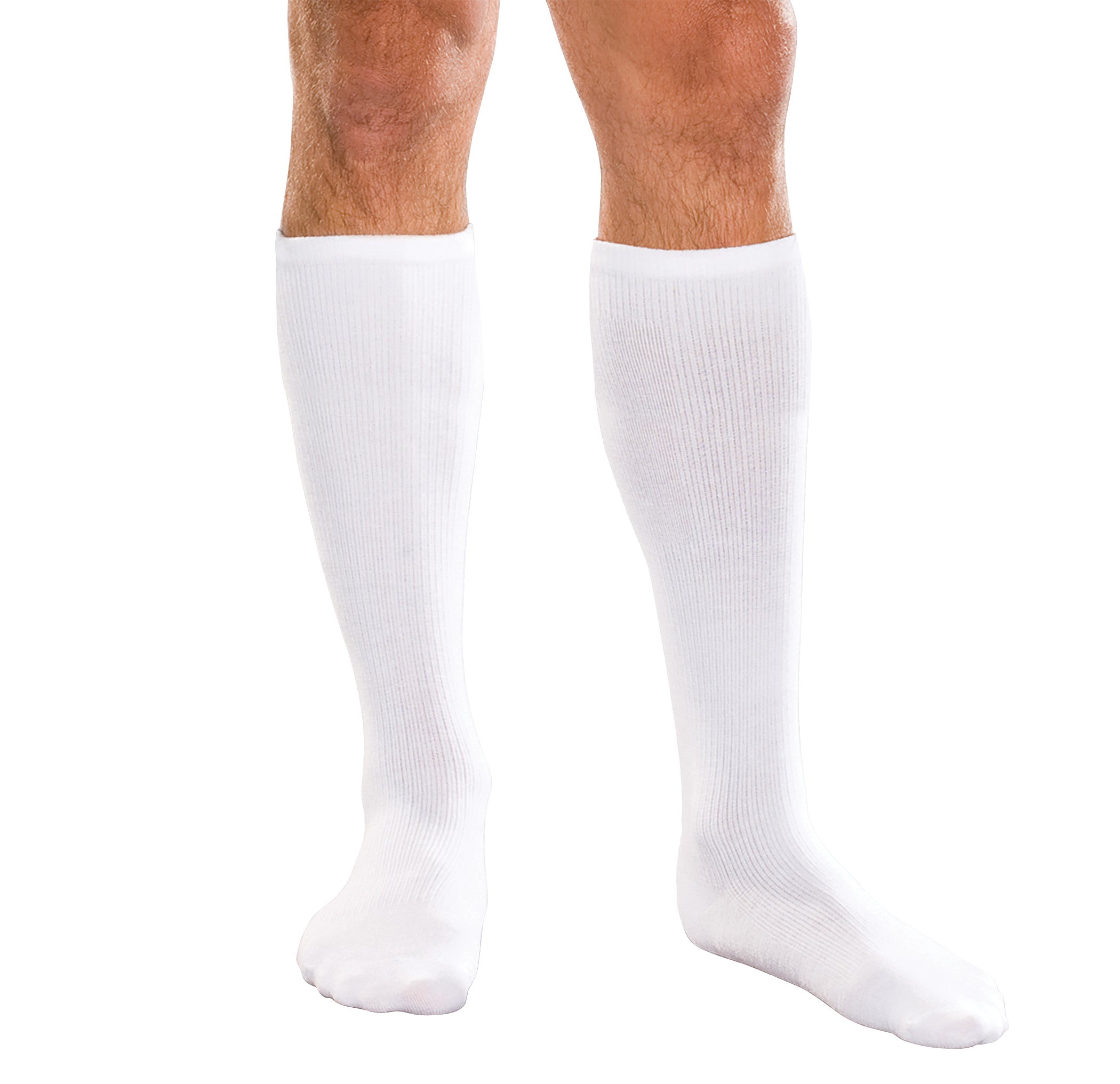 A person's lower legs wearing Core-Spun by Therafirm Support Socks. The socks are white and knee-high.