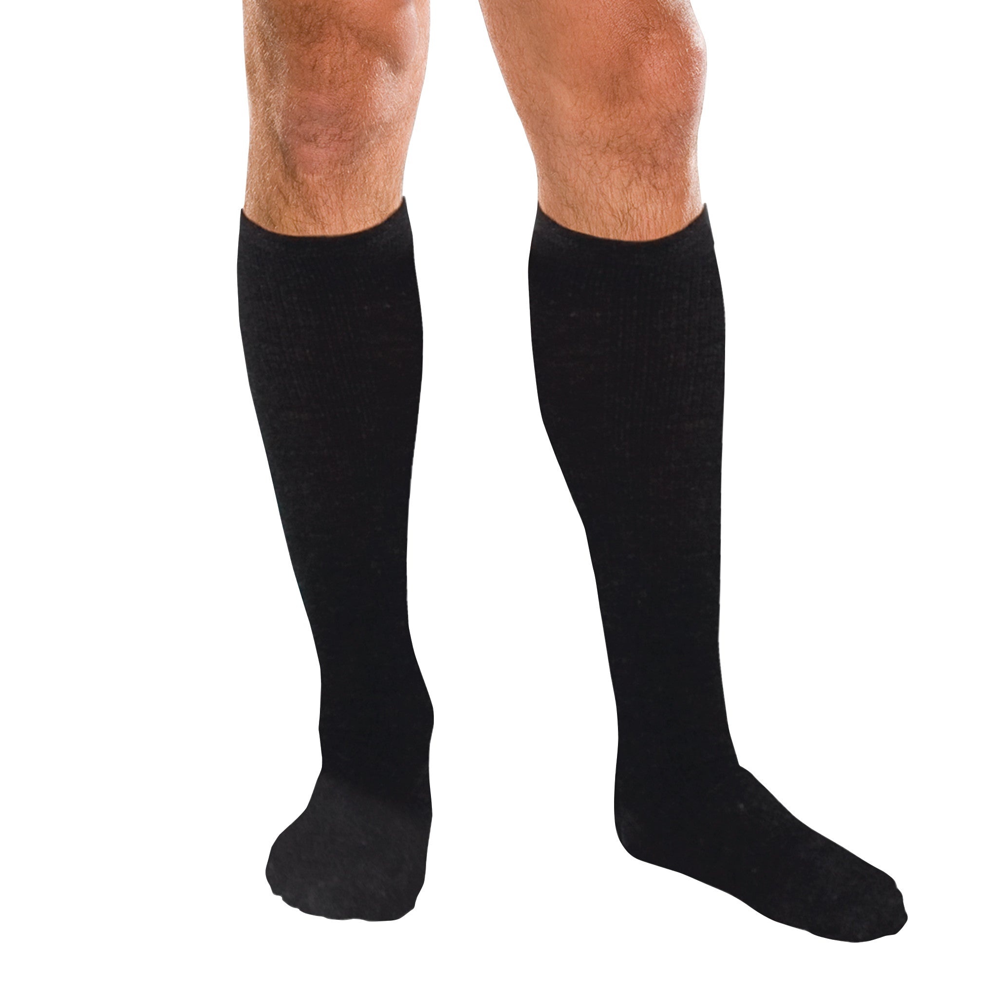 A person's legs wear Core-Spun by Therafirm Support Socks, which are knee-high and black, covering the calves.