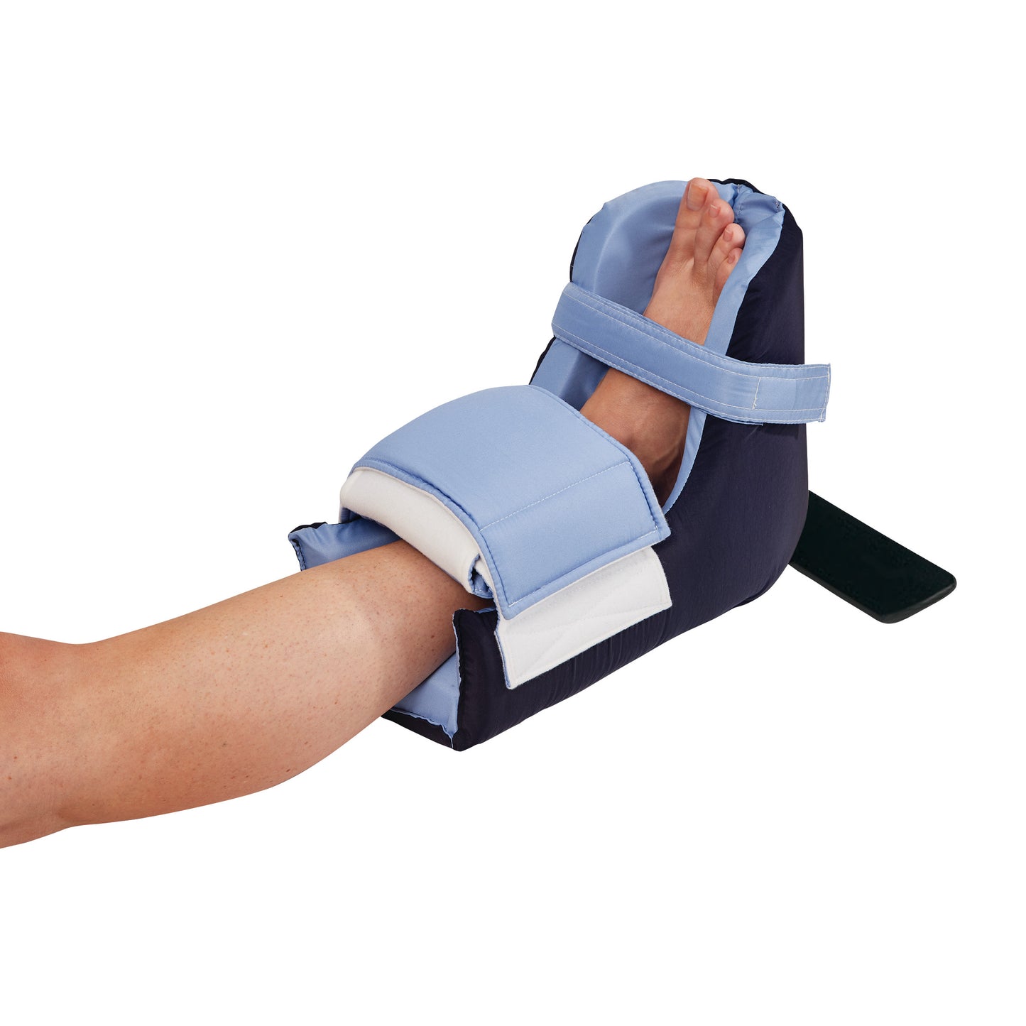 A leg rests in an AliMed Heel-Up Foot Positioner, with soft padding and a strap securing the ankle, elevating the foot.