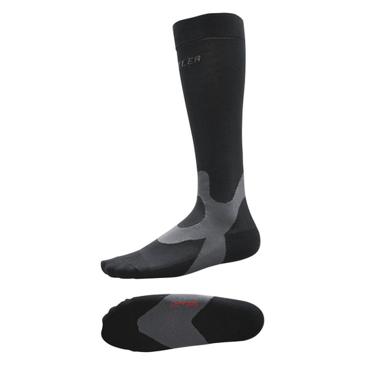 Black Mueller Graduated Compression Socks with gray accents, designed for support and improved circulation.